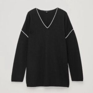 COS Oversized Black Boiled Wool V-neck Sweater with White Piping Size XS
